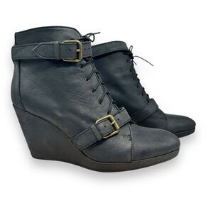 MADEWELL 1937 Wedge Boot Women 10  Black-ish Leather Chukka Buckle 3.5"‎ Heel